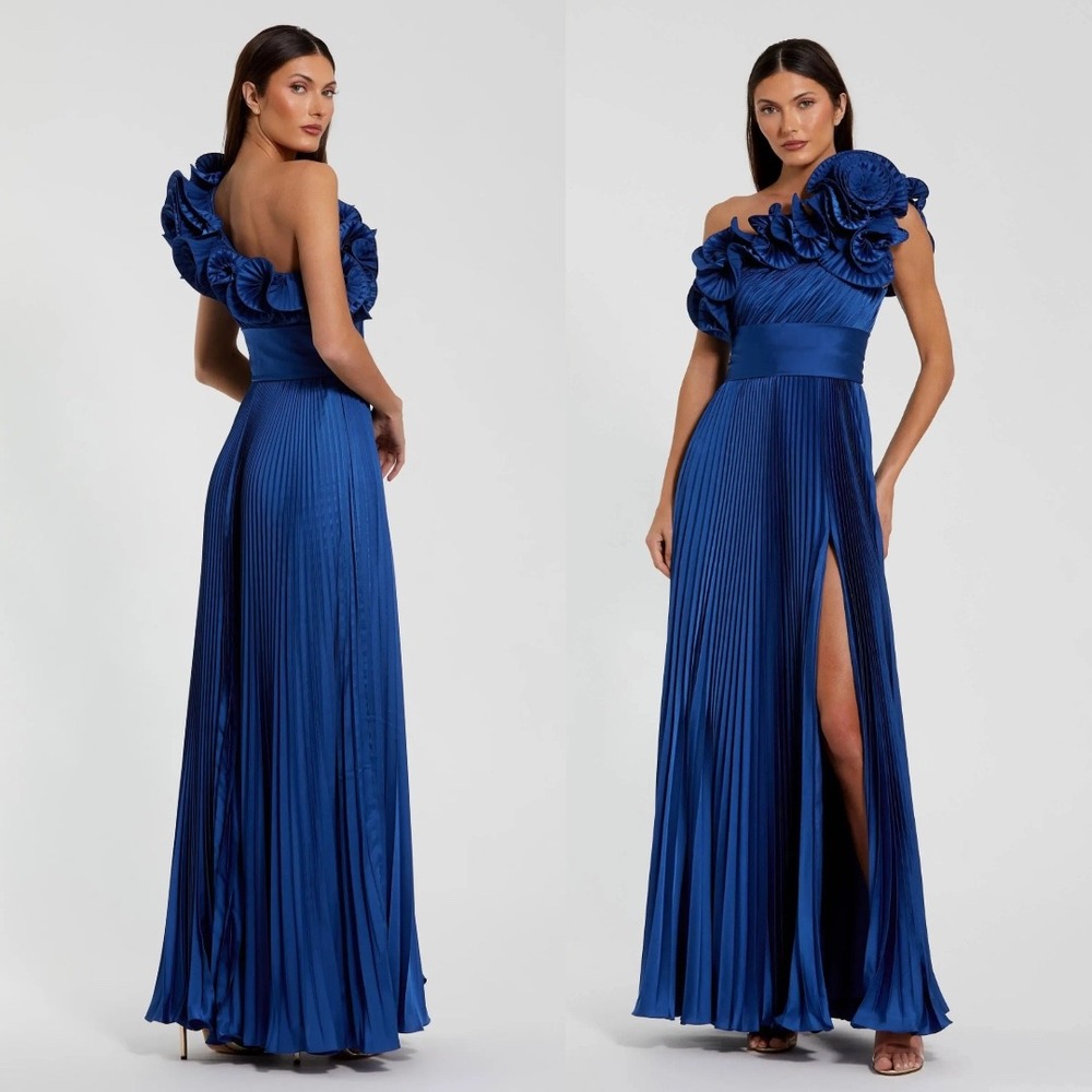 Mac Duggal Blue Pleated Charmeuse One-Shoulder Ruffle Detail‎ Evening Gown Sz 10